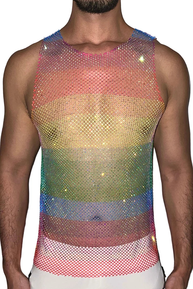 Rhinestone Tank Top Rainbow Mesh