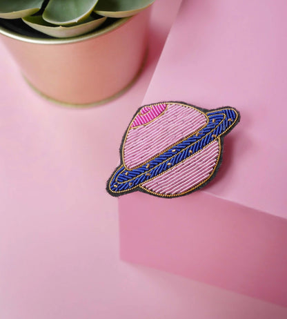 Planet Boobs Brooch - Handmade Cranberry Embroidery