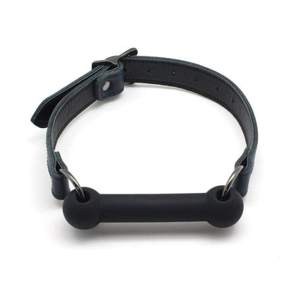 Cow Leather & Silicone Bite Gag: Black with Silver Rings