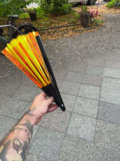 Big shiny Fan "Yellow Gold Holo" with Bamboo handle