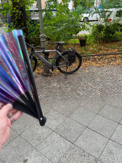 Big shiny Fan "Blue Holo" with Bamboo handle