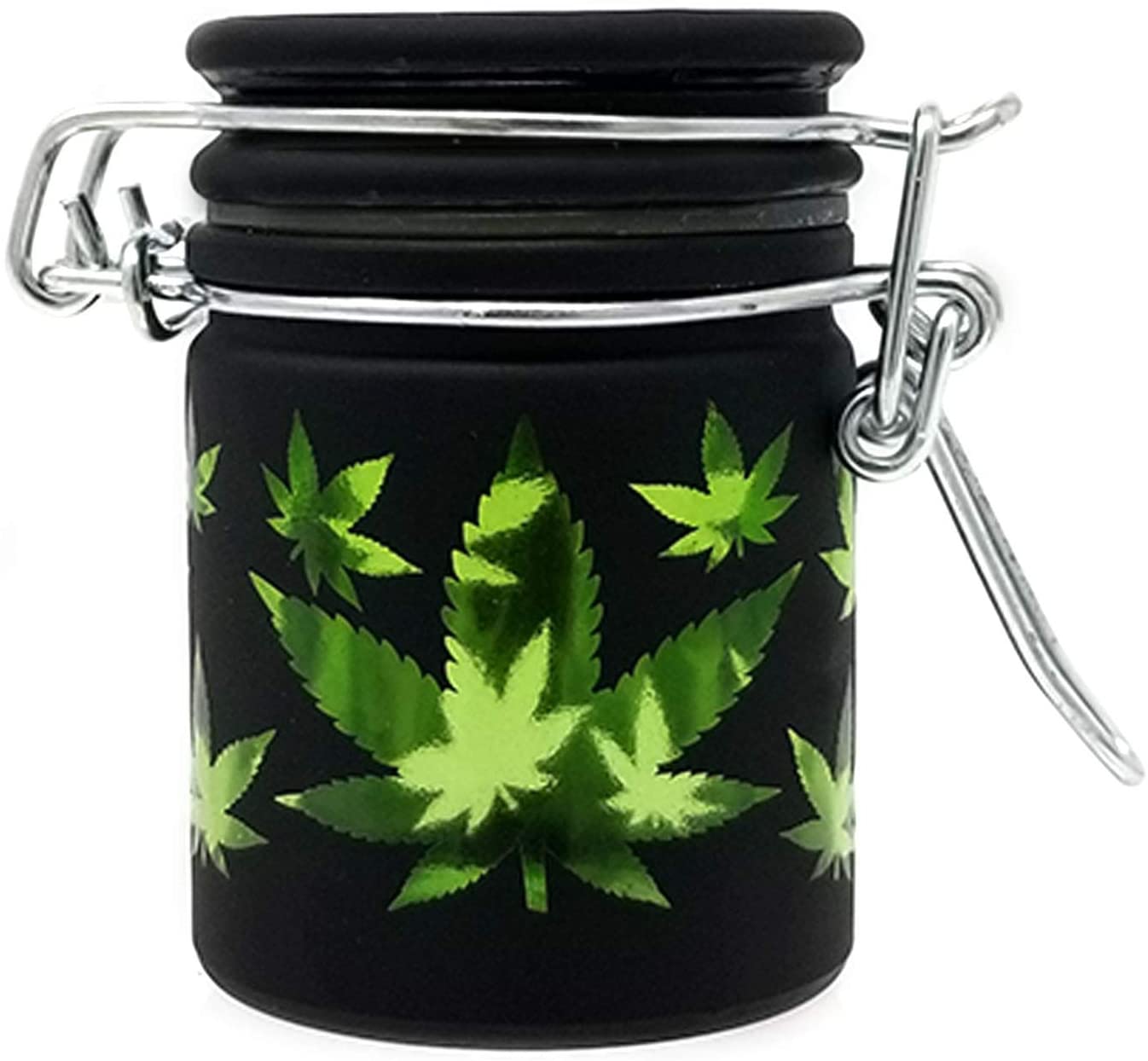 Glass Herb Stash Jar Black Frosted with Green Leaf-Small