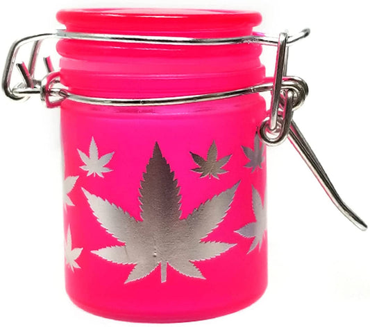 Glass Herb Stash Jar Neon Pink with Silver Leaf-Small